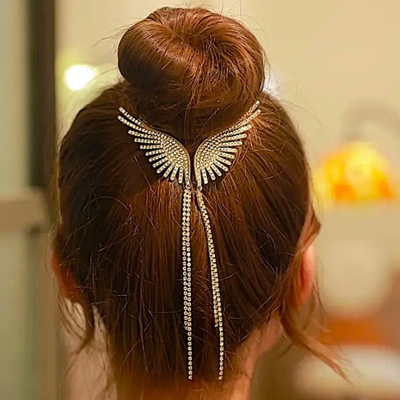 Gold Pearl Rhinestone Angel Wing Hair Clip Claw Hair Accessory - Picture 2 of 7